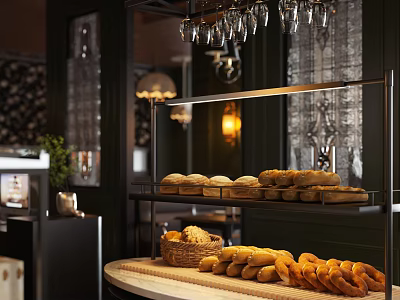 Warm Restaurant Interior With Fresh Bread Display And Hanging Wine Glasses 3d model