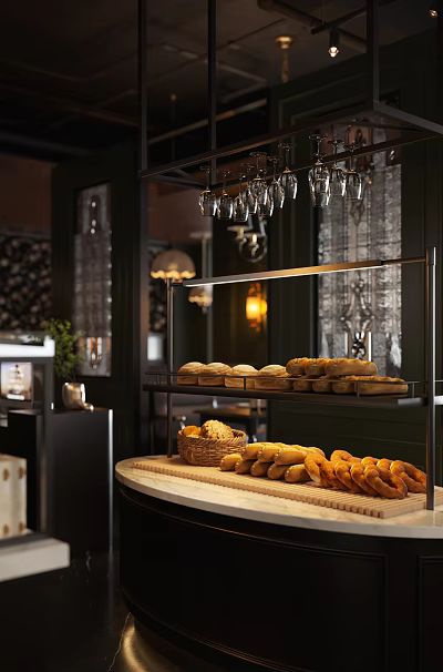 Warm Restaurant Interior With Fresh Bread Display And Hanging Wine Glasses 3d model