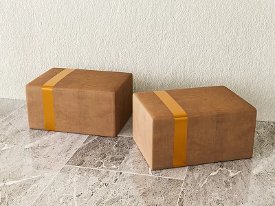 Two Square Brown Stools With Orange Straps On Marble Floor And Light Wall 3d model