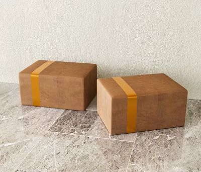 Two Square Brown Stools With Orange Straps On Marble Floor And Light Wall 3d model