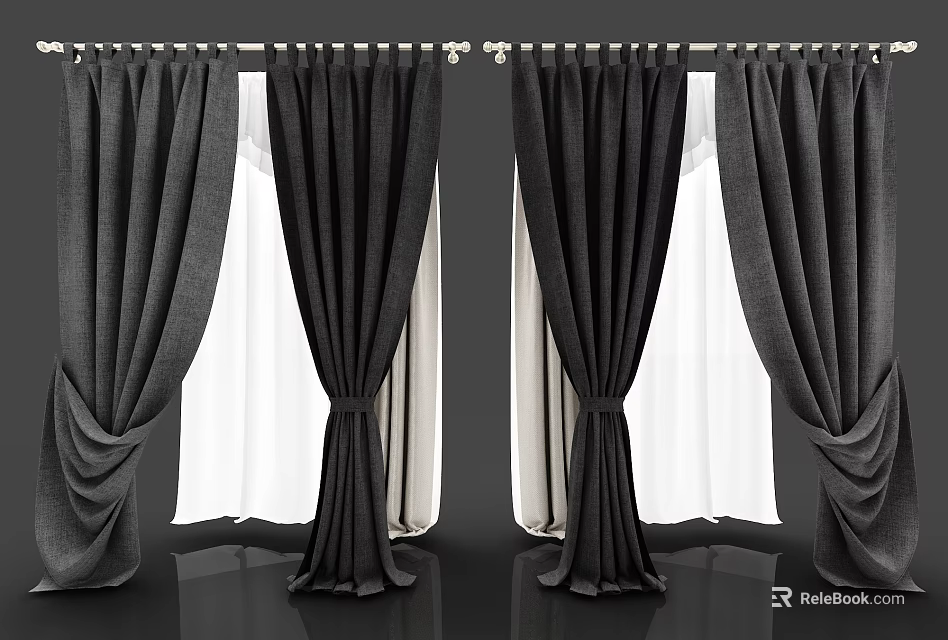 Black Curtains With White Sheer Layers And Elegant Fabric Design On Rod 3d model 