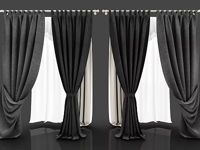 Black Curtains With White Sheer Layers And Elegant Fabric Design On Rod 3d model