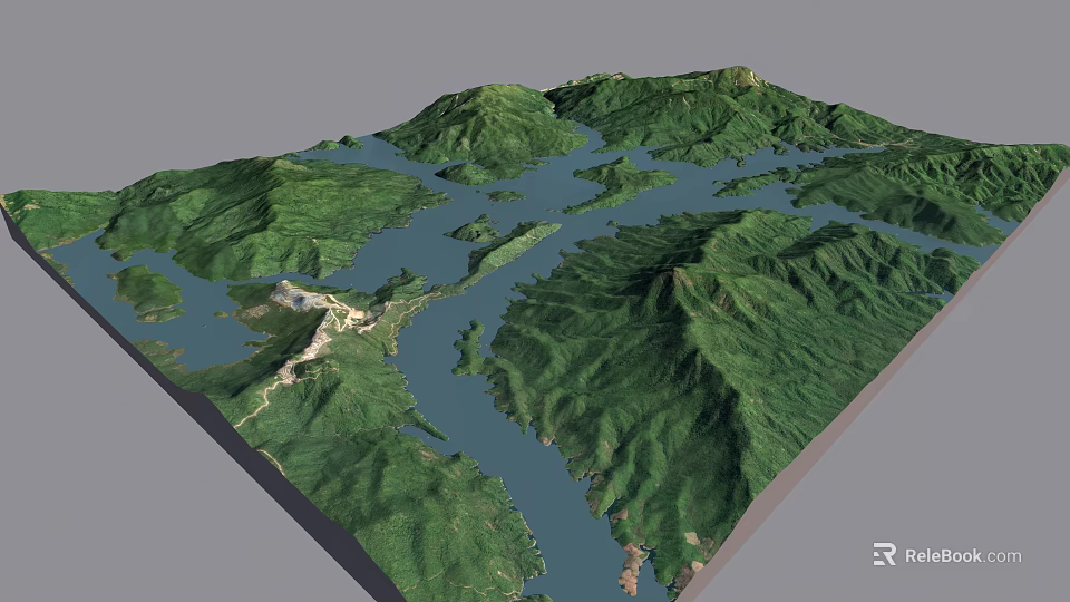 Aerial Planning of Mountainous Terrain With Water Bodies and Green Landscape 3d model 