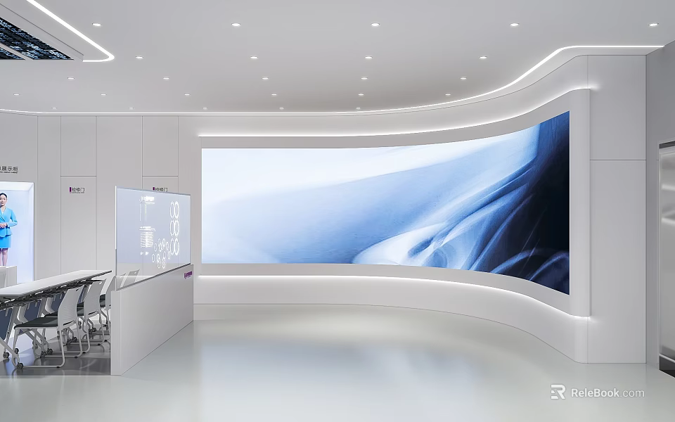 Modern Exhibition Hall Interior With Large Curved Screen And Sleek White Design 3d model