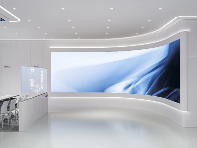 Modern Exhibition Hall Interior With Large Curved Screen And Sleek White Design 3d model