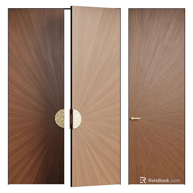 Brown Double Doors With Radiant Texture And Gold Circular Handles Latch Detail 3d model 