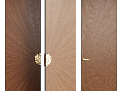 Brown Double Doors With Radiant Texture And Gold Circular Handles Latch Detail 3d model