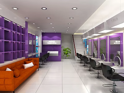 Modern Beauty Salon Interior With Purple Decor Orange Sofa Hair Styling Chairs And Mirrors 3d model