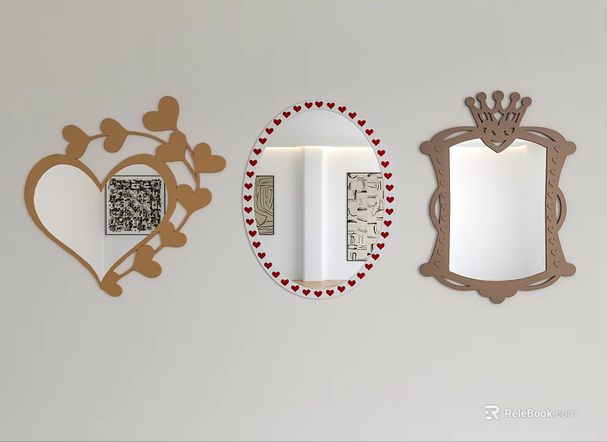 Decorative Mirrors With Heart Shaped Oval And Crown Frames Gold Leaf Red Heart Accents 3d model 
