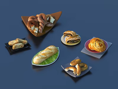Various Bread Varieties With Different Shapes On Plates And Trays Dark Background 3d model