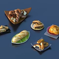 Various Bread Varieties With Different Shapes On Plates And Trays Dark Background
