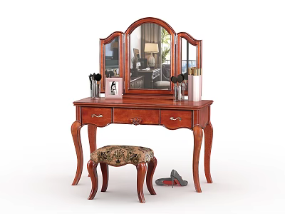Classic Wooden Dressing Table with Tri Fold Mirror Stool and Cosmetic Accessories 3d model