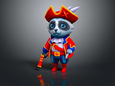 Cute Cartoon Raccoon Game Character In Pirate Costume With Red Hat And Toy Gun 3d model