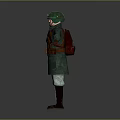 Man In Green Military Uniform With Blue Helmet And Brown Equipment Standing Arms Outstretched