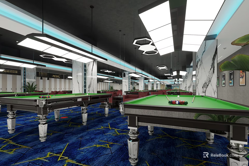 Modern Billiard Room With Multiple Pool Tables Green Felt Blue Carpet And Ceiling Lighting 3d model