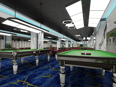 Modern Billiard Room With Multiple Pool Tables Green Felt Blue Carpet And Ceiling Lighting 3d model