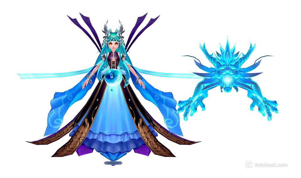 Game Movie Character With Blue Long Hair Horned Headdress Glowing Sphere And Blue Dragon Companion 3d model 