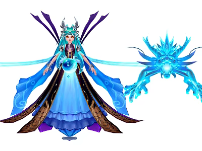 Game Movie Character With Blue Long Hair Horned Headdress Glowing Sphere And Blue Dragon Companion 3d model