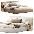 Modern Double Bed With Light Colored Bedding Brown Pillows And Side Table