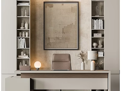 Modern Desk And Chair Setup With Bookshelves Decorative Artwork Table Lamp And Decorations 3d model