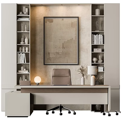 Modern Desk And Chair Setup With Bookshelves Decorative Artwork Table Lamp And Decorations 3d model