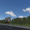Neighborhood Welcome Sign at Community Entrance with Residential Buildings and Green Landscape