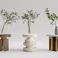 Diverse Design Round Side Tables With Wooden Marble Metal Bases And Green Plants In Vases