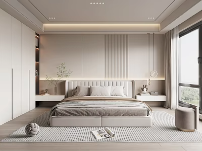 Modern Minimalist Bedroom Interior Design With Neutral Tones Bed Nightstands Rug And Large Window 3d model