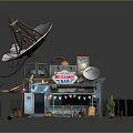 Barbecue Shack Building with Solar Panels Satellite Dishes Flags Cactus and Outdoor Seating Area