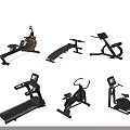 Different Types of Sports Equipment Including Rower Weight Bench Exercise Bike and Treadmill