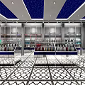 Modern Luxury Boutique Interior With Glass Display Shelves Patterned Flooring And Lighting Fixtures