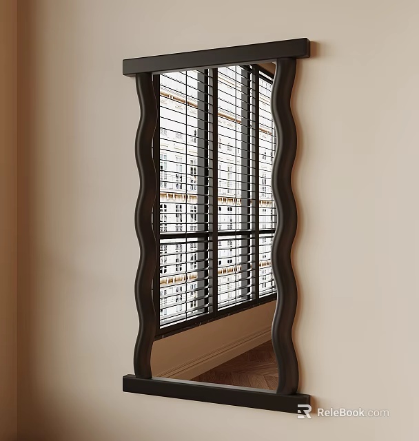 Black Framed Wavy Design Mirror Reflecting Building View Through Grid Window 3d model