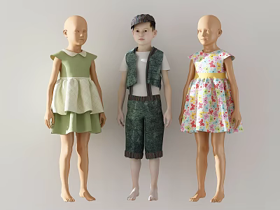 Three Child Mannequins Displaying Kids Fashion Outfits Including Dresses Vest Shorts And Floral Dress 3d model