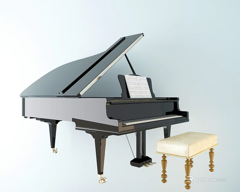 Musical Instruments Black Grand Piano With Padded Stool And Music Sheet 3d model 