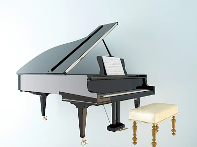 Musical Instruments Black Grand Piano With Padded Stool And Music Sheet 3d model