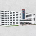 Modern Office Building Exterior Design With White Facade Many Windows And Red Logo