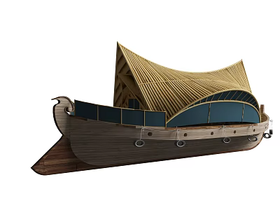 Wooden Boat Featuring Arched Wooden Sail Blue Glass Windows And Classic Hull Design 3d model