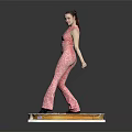 Woman Standing in Pink Patterned Outfit on Circular Platform with Gear Patterns Against Dark Background