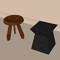 Modern Wooden Round Seat Three Legs and Black Square Geometric Tapered Design Stools