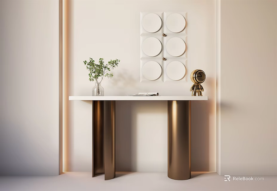 Modern Console Table With Brass Legs White Top Green Plant And Circular Wall Decor 3d model 