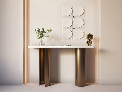 Modern Console Table With Brass Legs White Top Green Plant And Circular Wall Decor 3d model