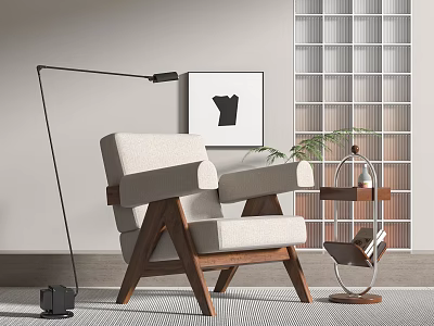 Modern Beige Upholstered Accent Chair With Wooden Legs Floor Lamp And Side Table 3d model
