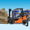 Warehouse Storage Interior With Worker Operating Forklift And Stacked Boxes On Shelves 3d model