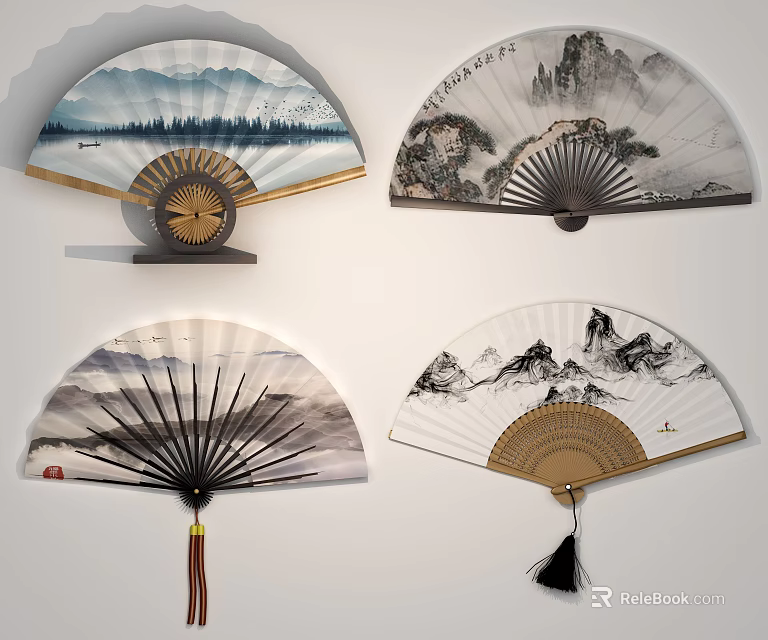 Traditional Chinese Fan Wall Hangings With Mountain River Paintings And Tassel Details 3d model 