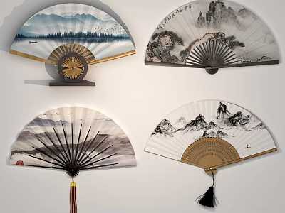 Traditional Chinese Fan Wall Hangings With Mountain River Paintings And Tassel Details 3d model