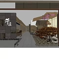 Traditional Japanese Style Restaurant Entrance With Stone Wall Wooden Tables Red Maple Decor And Lanterns