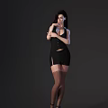 Elegant Woman in Black Corset Short Skirt White Collar and Long Hair Dancing Pose
