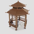 Chinese Traditional Pavilion With Wooden Structure Carved Design And Stone Table Seating