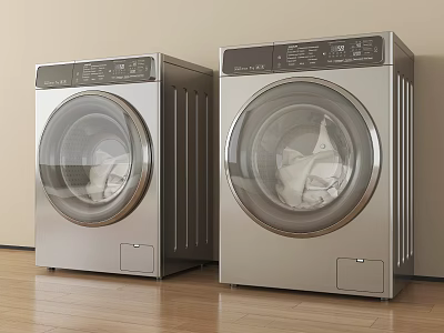 Two Modern Silver Front Loading Washing Machines With Control Panels On Wooden Floor 3d model