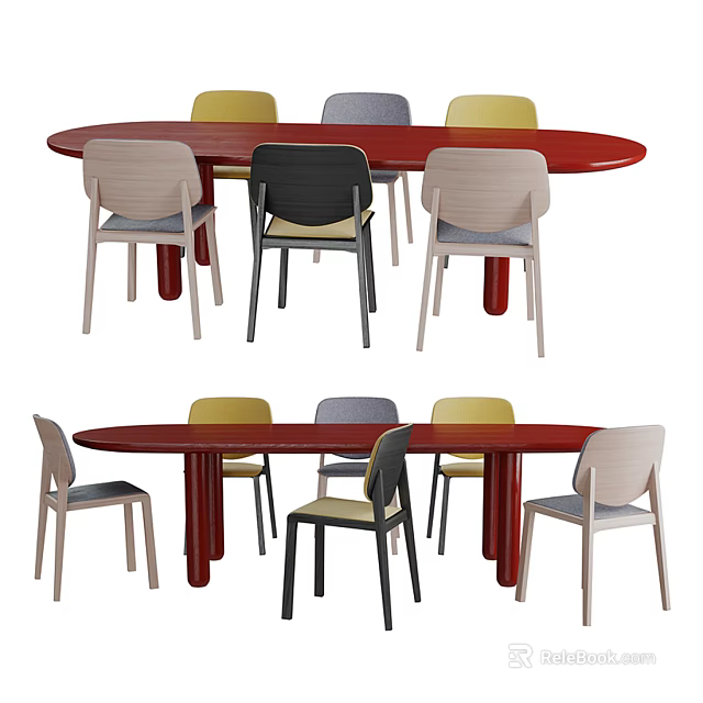 Modern Oval Dining Table Set with Red Legs and Various Colored Cushioned Chairs 3d model